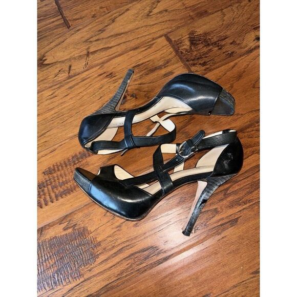 Coach Amina Black Leather Buckle Strap Peep-Toe Platform Heels 8 - Picture 2 of 8